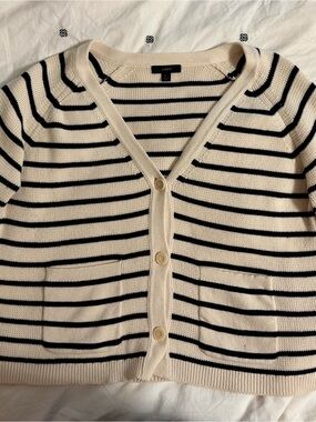 J. Crew Cream and Black Striped V-Neck Button Cardigan